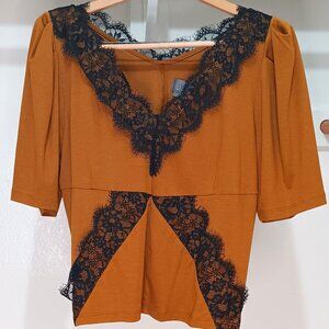 NWT Anthropologie Lace-Trimmed Gold Blouse, Size L